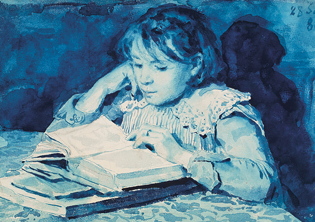Albert Anker, Cécile Anker, 28. September 1886, Blaue Fayencefarbe auf Papier, 16,9 x 23,3 cm, Centre Albert Anker, Ins - 