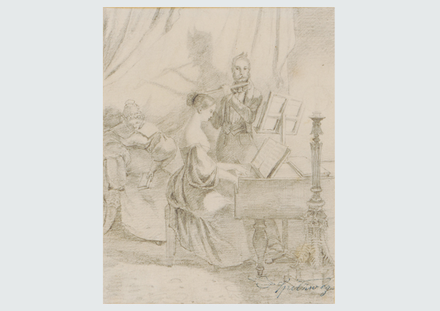 Carl Spitzweg, Das Klavierspiel, um 1840, Feder
und Bleistift auf Papier, 16,4 x 13 cm. - 